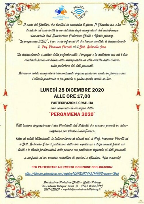 Lunedì 28 Dicembre alle ore 17.00 cerimonia di consegna online della “Pergamena 2020” al Prof. Francesco Pizzetti e al Dott. Antonello Soro